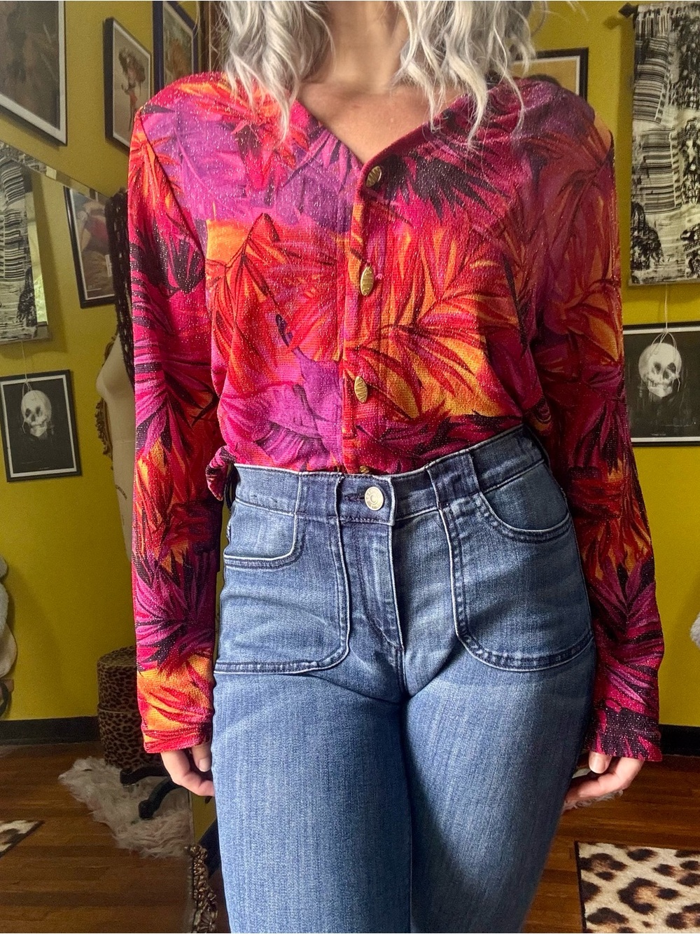 Vintage Fall Floral Glitter Long Sleeve Blouse